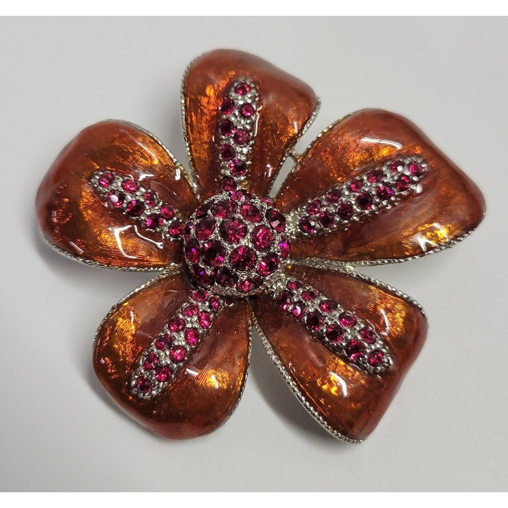 Alfred Sung Orange Enamel Flower Brooch Magenta Rhinestone Silver Tone Statement